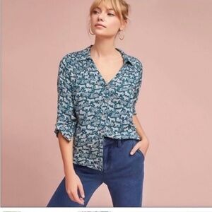 Anthropologie Maeve Womens Emory Amara Tiger Button Down Shirt Top Size 12 Green